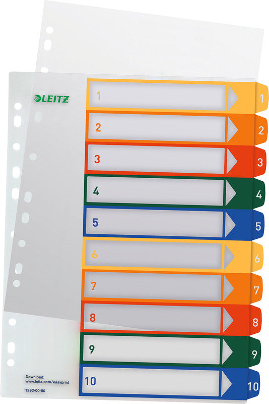 Leitz Register – A4, 10-teilig, PP, farbig, vorgedruckt, 11-fach Lochung, für Zeigebuchtaschen