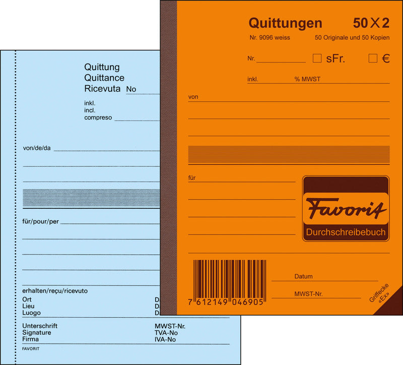 Favorit Formularblock – Quittungen, Deutsch, 50 Blatt, A6, Kohlepapier