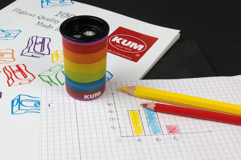 Kum Spitzer – manuell, 2-Loch, mit Behälter, für Blei- und Buntstifte Ø 8 und 11 mm, Magnesium, assortiert