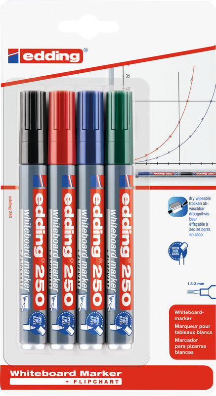 Edding Whiteboard-Marker 250 – Rundspitze 1,5-3 mm – Sortiert – 4er-Set – Trocken abwischbar