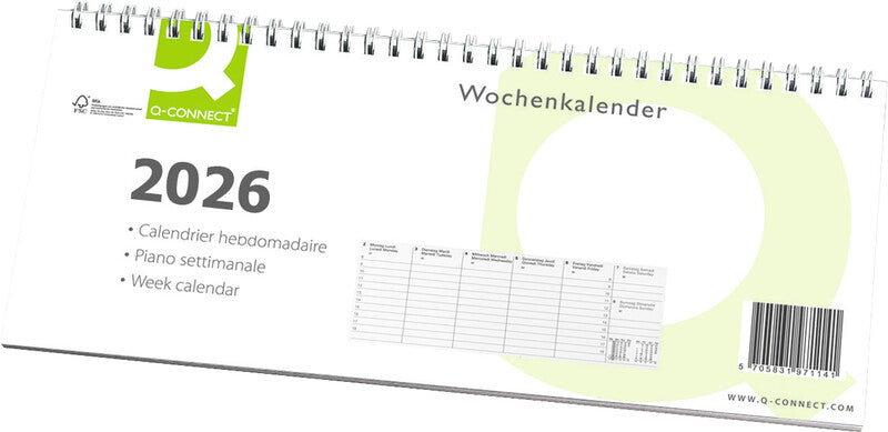 Q-connect Wochenplaner – 1 Woche/1 Seite, Spiralbindung, 28,5 × 12 cm, Jan–Dez 2026, mehrsprachig, weiss, FSC