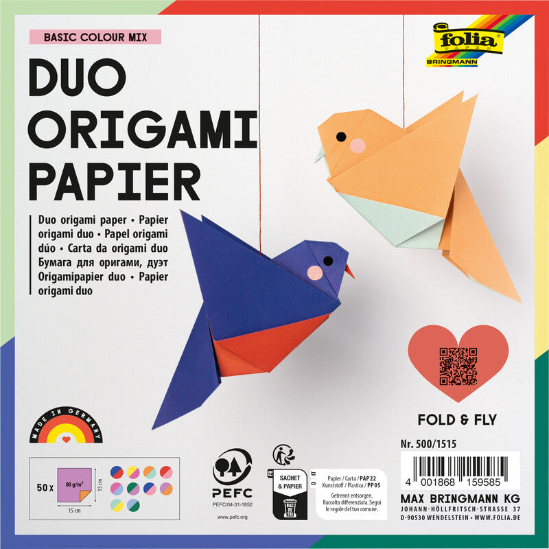 Folia Origamipapier – 15 × 15 cm, sortiert, 80 g/m² – 50 Blatt, PEFC