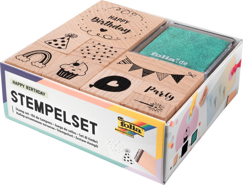 Folia Motivstempel-Set – Happy Birthday, 11 Teile, Kissen sortiert