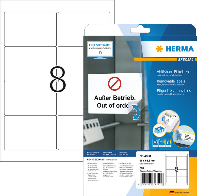 HERMA Druckeretiketten, 96 mm × 63,5 mm, weiss, Papier, ablösbar, 200 Etiketten (25 Blatt)