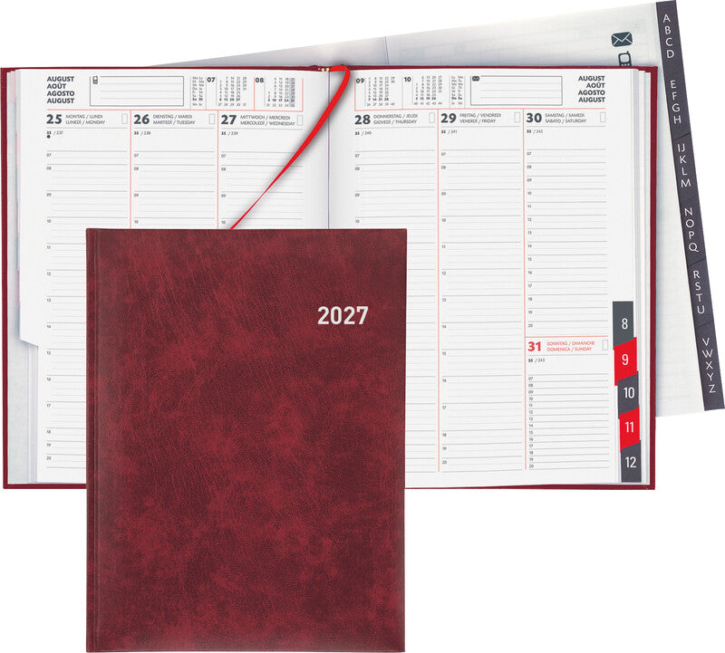 Biella Orario Agenda – 1 Woche/2 Seiten, gebunden, 17,5 × 23,5 cm, Jan–Dez, Weinrot, FSC