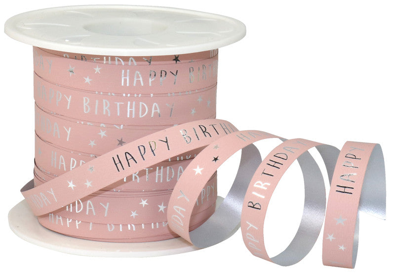 Präsent Geschenkband – Happy Birthday – 10 mm × 100 m, Kunststoff, Rosa