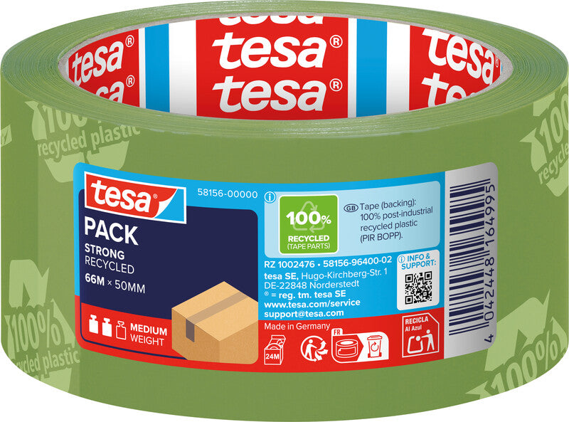 tesa Verpackungsband – 50 mm × 66 m, grün, stark, eco:plus
