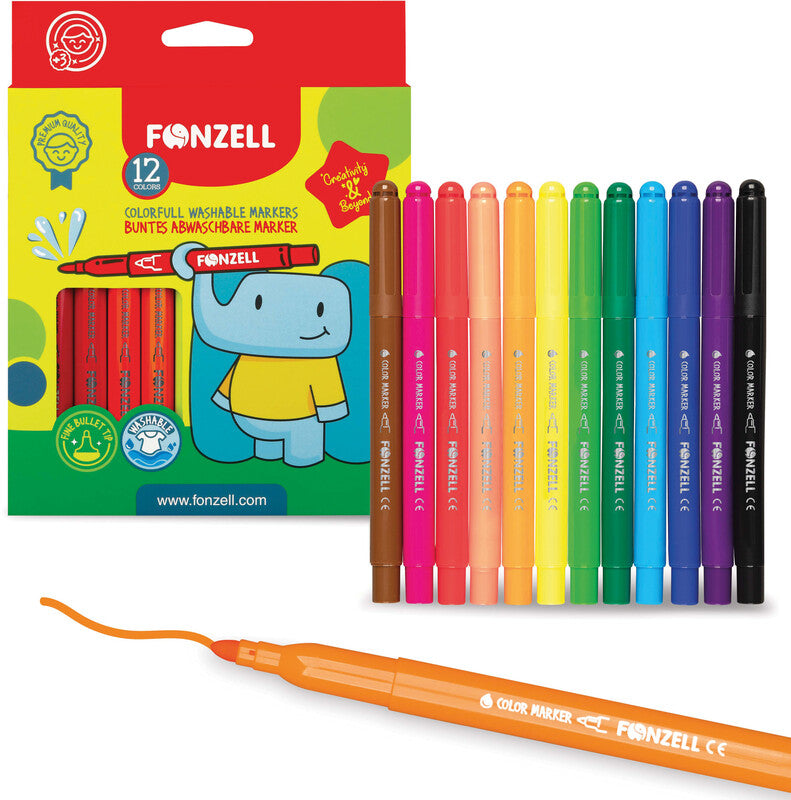 Fonzell Filzstifte, Strichbreite 4,4 mm, auswaschbar, 12 Farben