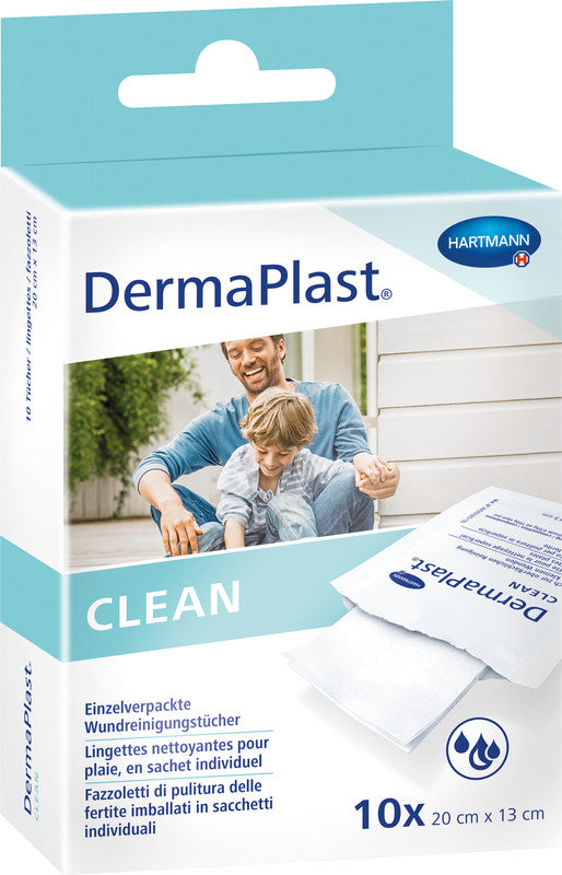Dermaplast Wundreinigungstücher Clean – hautverträglich – weiss – Textil – für Wunden – 200 × 130 mm – 10 Stk.