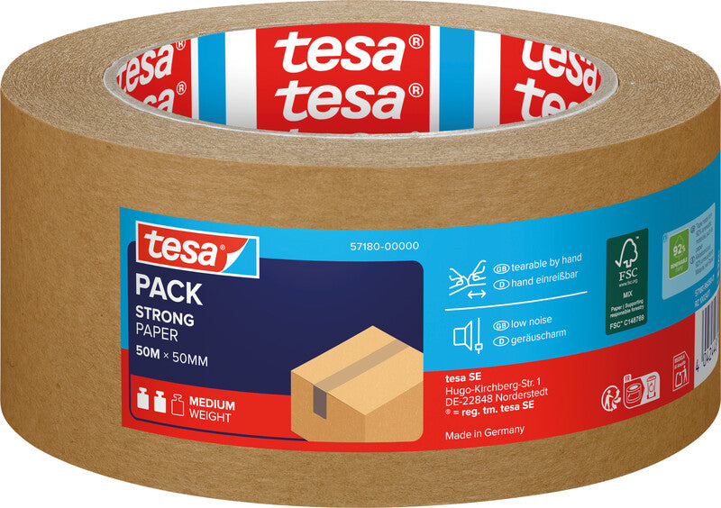 tesa Papier-Verpackungsband ecoLogo – 50 mm × 50 m, braun, stark, eco:plus