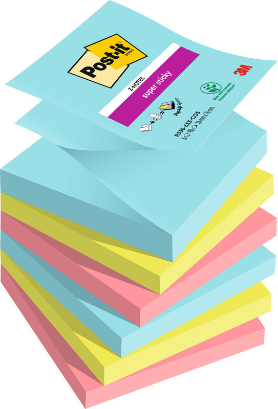 Post-it Super Sticky Haftnotizen – 76×76 mm – sortiert (türkis, neongrün, guavapink), 6×90 Blatt, PEFC