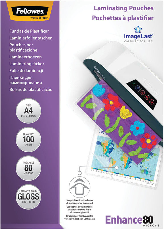Fellowes Laminierfolien A4, glänzend – 80 µm, 216 × 303 mm, 100 Stk.