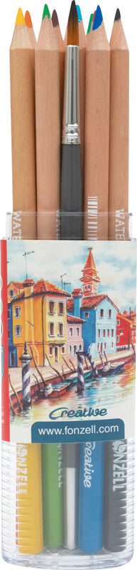 Fonzell Creative Aquarellfarbstifte-Set – 12 Farben, rund, Mine Ø 3,3 mm, mit Pinsel, Dreiecksetui