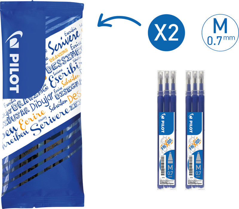 Pilot FriXion Rollerpatronen für Ball, Clicker, LX + 1 weitere – blau, 0,7 mm, löschbar, geruchsarm, 6 Stk.