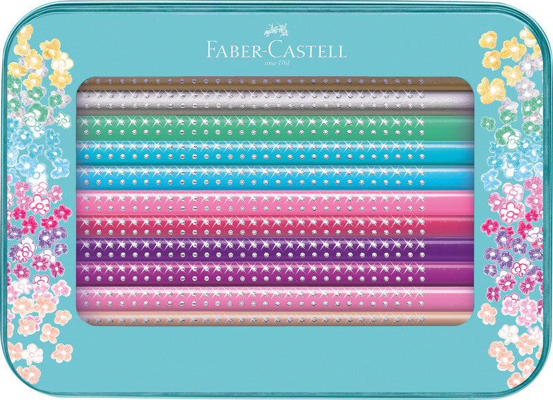 Faber-Castell Aquarellfarbstifte Grip Sparkle – 20 Farben, im Metalletui, mit Spitzer, Ø 3 mm, dreikantig, FSC