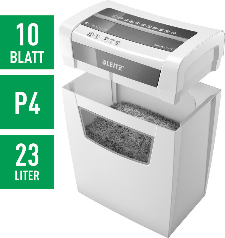 Leitz IQ Home Office – Aktenvernichter, DIN P-4, Partikelschnitt 4 × 28 mm, 10 Blatt, 23 l, A4