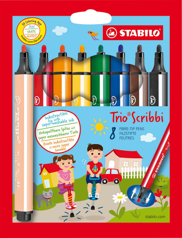STABILO Filzstifte Trio Scribbi, Strichbreite 1,5–2 mm, auswaschbar, 8 Farben