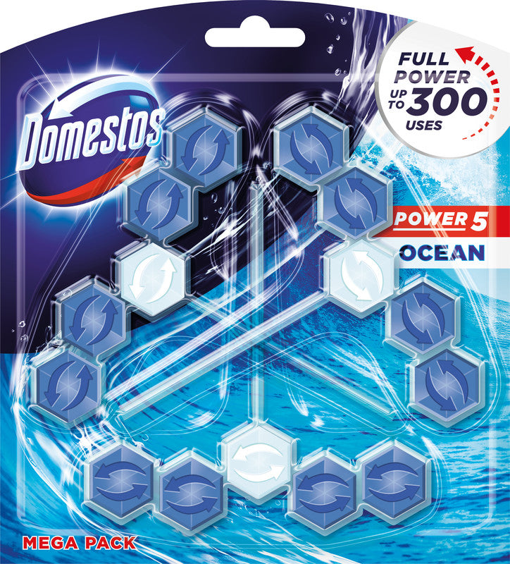 Domestos WC-Stein Power 5 – Kunststoff, Blau, Ozean-Duft, 3er-Pack