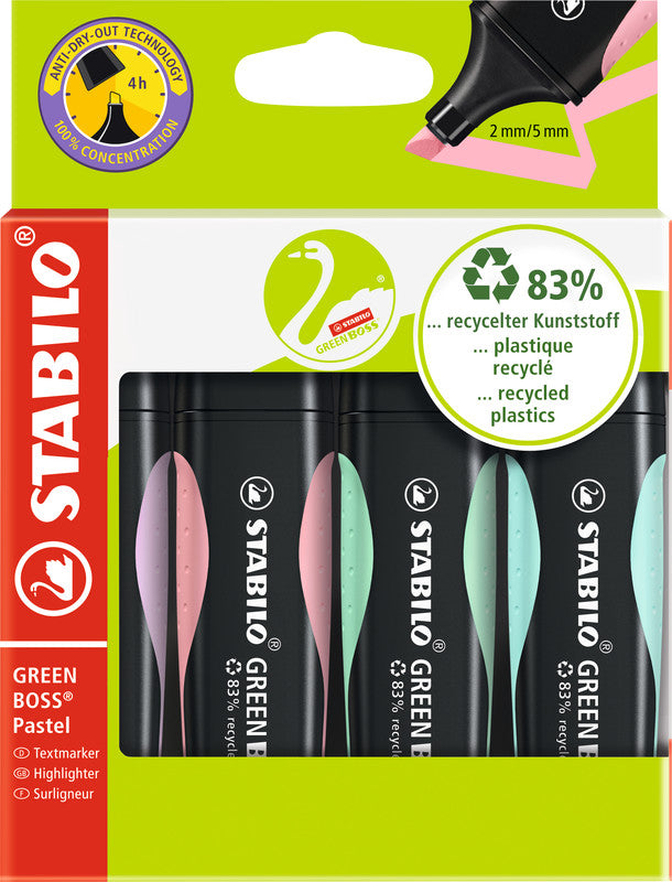 STABILO BOSS Textmarker Set 4 Farben Pastell – Keilspitze, 2–5 mm, nachfüllbar