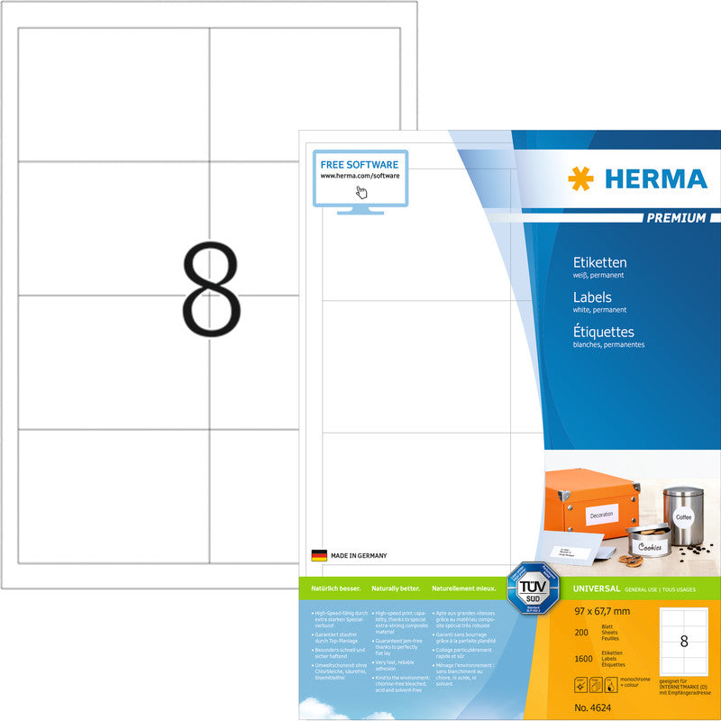 HERMA Etiketten A4 97 × 68 mm – Papier, weiss – permanent haftend – Laser/Inkjet – 200 Blätter (1'600 Stk.)