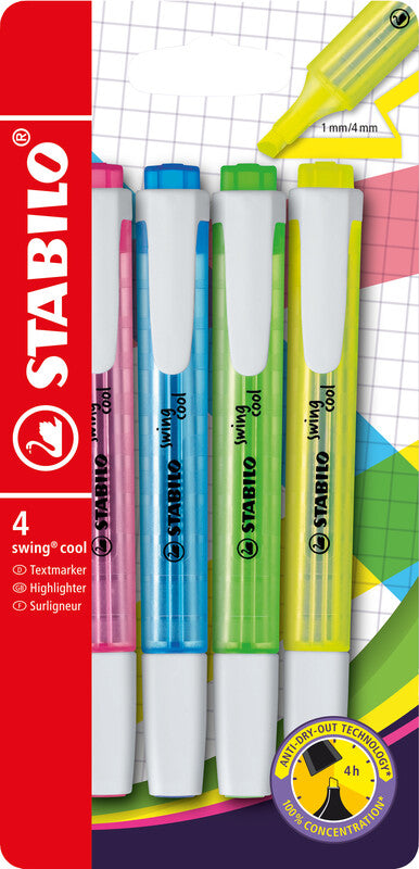 STABILO Textmarker – 4er Set, Farben: Gelb/Grün/Blau …, Keilspitze 1–4 mm