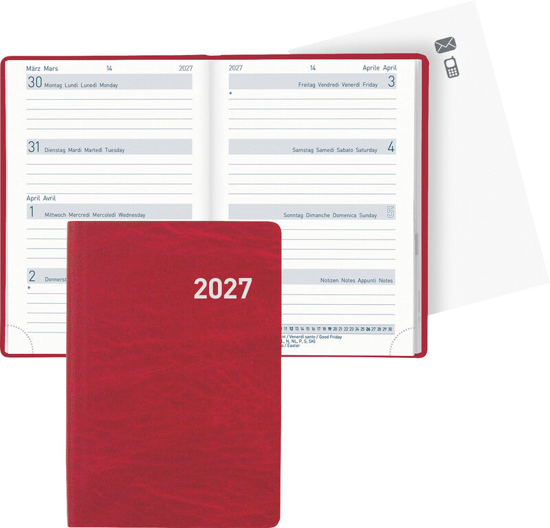Biella Agenda – 1 Woche/2 Seiten, gebunden, 7,6 × 11 cm, 2027, rot, FSC