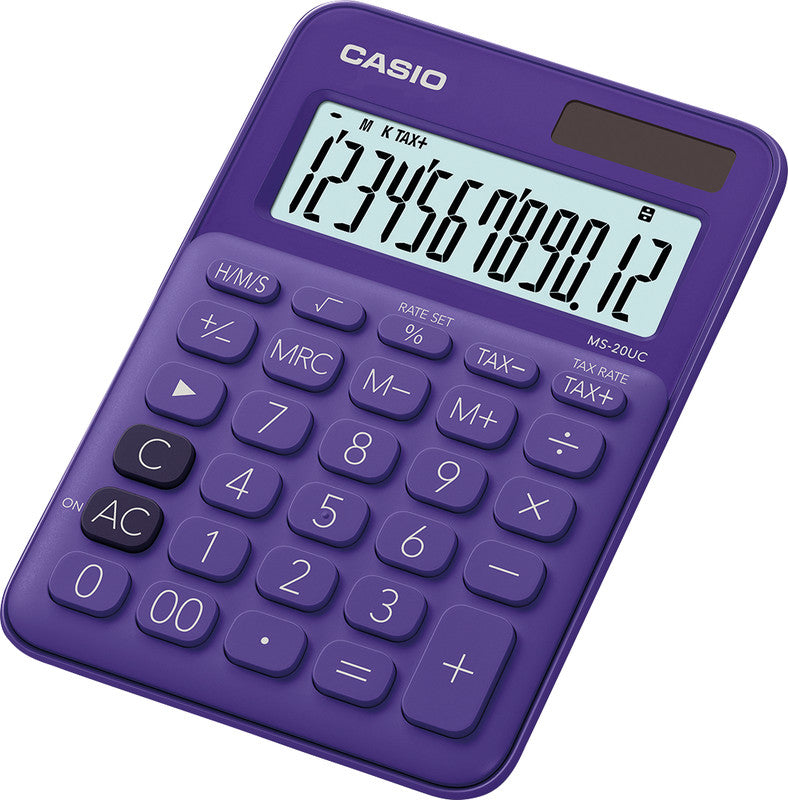 Casio Tischrechner MS-20UC – 12-stellig, LCD, Prozent/Währung, Solar + Batterie, Violett