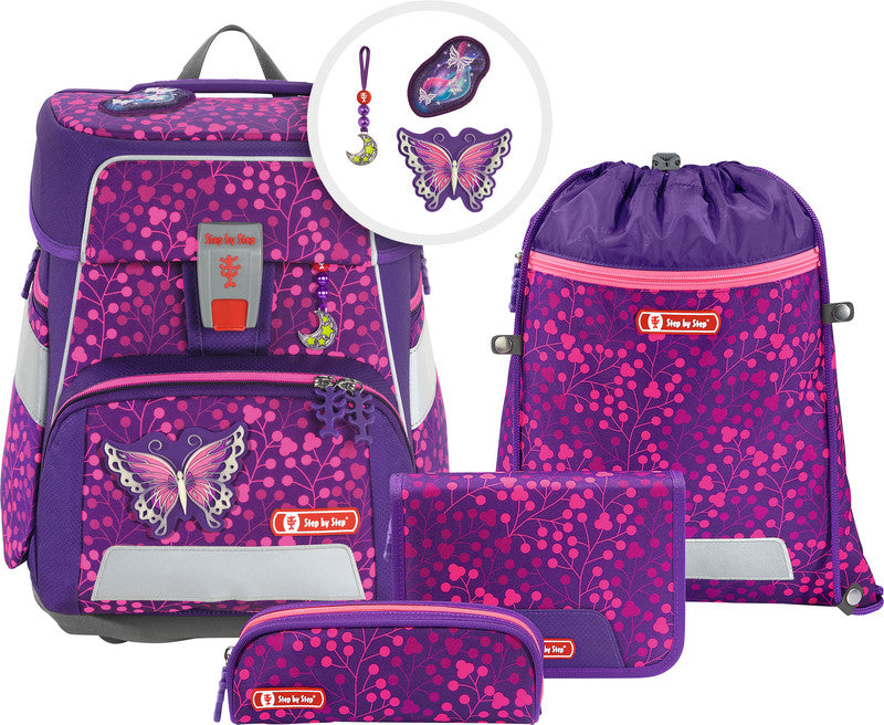 Step by Step Schulrucksack-Set SHINE – 5-teilig – Butterfly Night Ina – 28,0×37,0×20,0 cm
