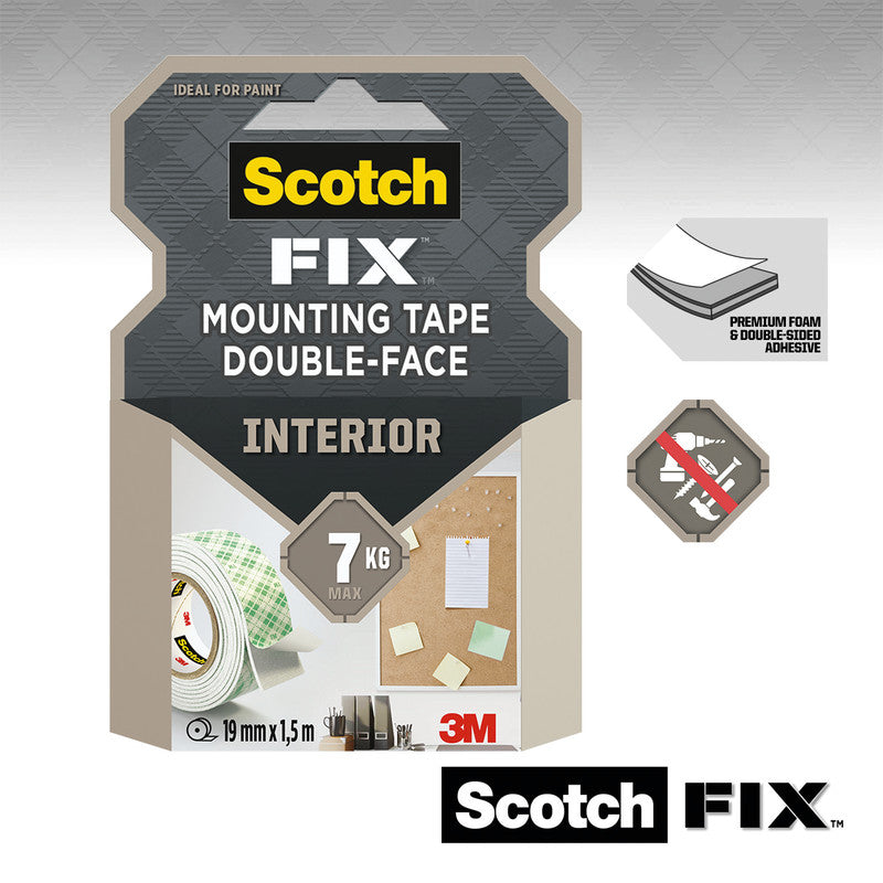 Scotch Montageband, stark, für den Innenbereich, für glatte Oberflächen – 19 mm × 1,5 m, weiss, bis 1 kg/22 cm