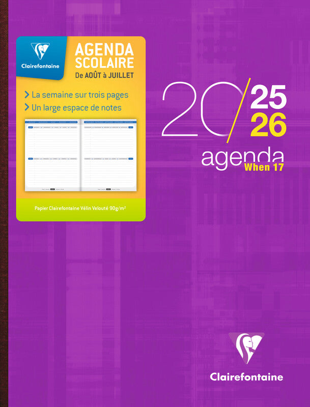 Clairefontaine When 17 Schüleragenda – 1 Woche/3 Seiten, gebunden, 17 × 22 cm, Aug–Jul, mehrsprachig, PEFC