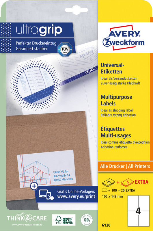 Avery Druckeretiketten, 105 mm × 148 mm, weiss, Papier, permanent, 30 Blätter (120 Etiketten)