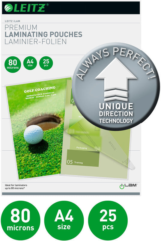 Leitz Laminierfolien A4, glänzend – 80 µm, 216 × 303 mm, 25 Stk.