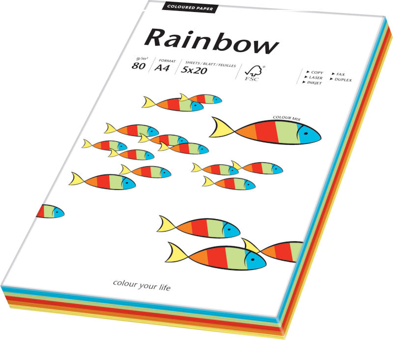 Rainbow Kopierpapier – A4, 80 g/m², farbig sortiert – für Inkjet/Laser/Kopierer – FSC – 100 Blatt
