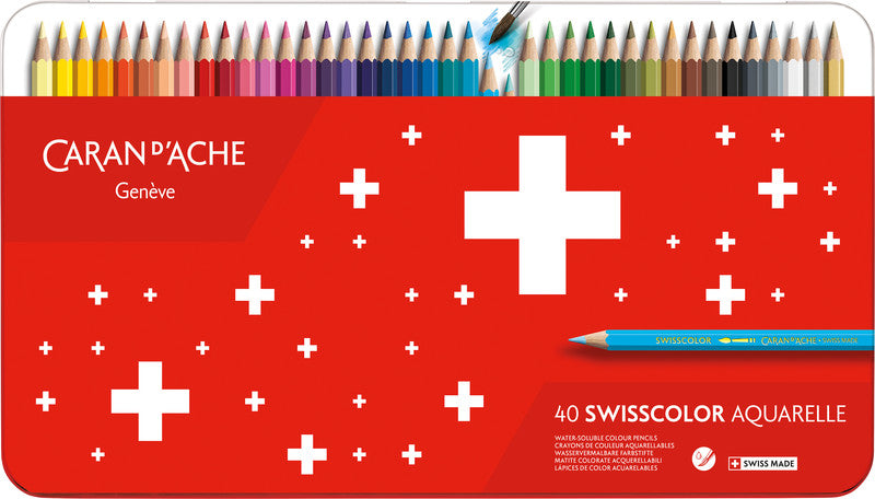 Caran d-Ache Caran d'Ache Aquarellfarbstifte Swisscolor Aquarelle – 40 Farben, im Metalletui, Ø 2,8 mm, FSC