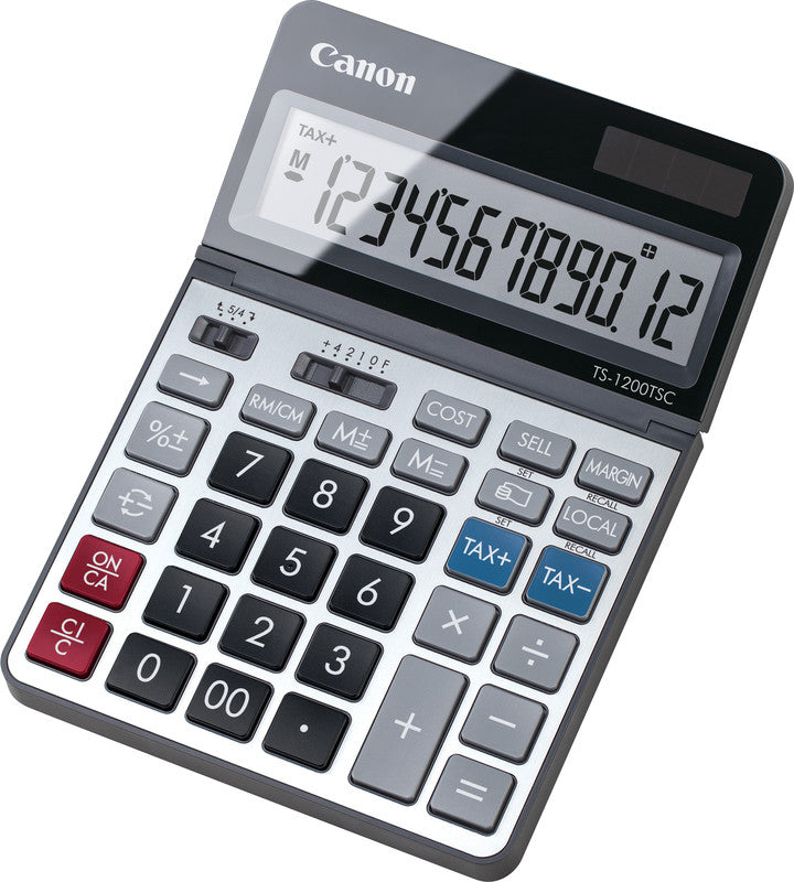 Canon Tischrechner – 12-stellig, LCD, Steuer/Währung, Solar + Batterie, Schwarz/Silber