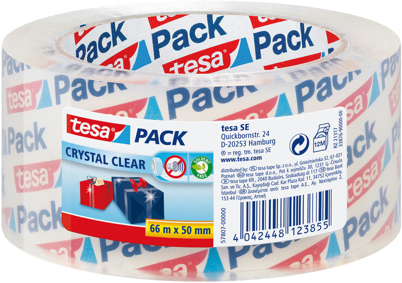 TESA Verpackungsband Crystal Clear – permanent, glatt, Kunststoff, 50 mm × 66 m, Kern Ø 76 mm