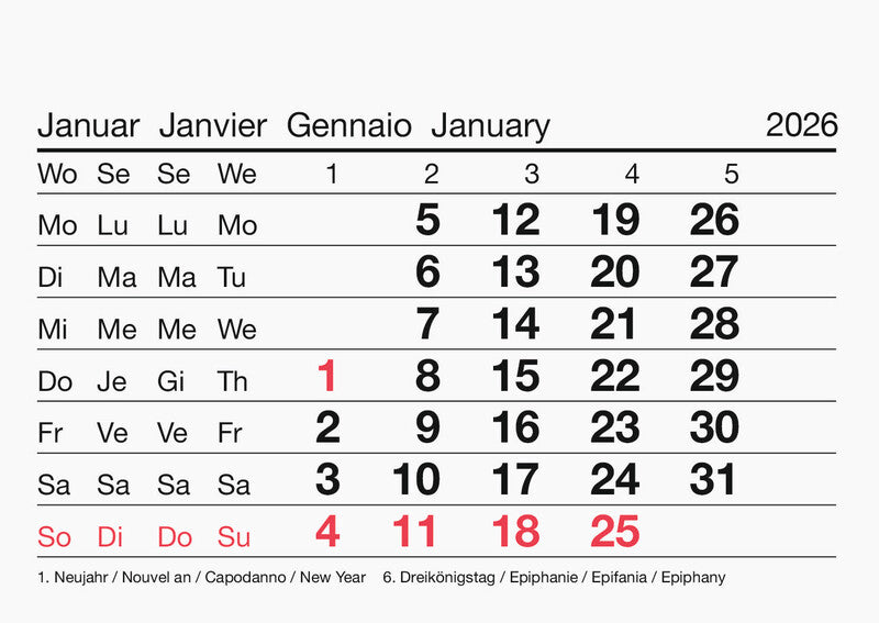 Biella Abreisskalender 1 Monat pro Blatt – viersprachig D/F/I/GB – 2026 – 11 × 7,7 cm