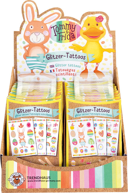 Trendhaus Tattoos Tommy & Frida – 3 Blätter, 42 Tattoos, 5,5 × 8 cm, Folie, abwaschbar, glitzernd