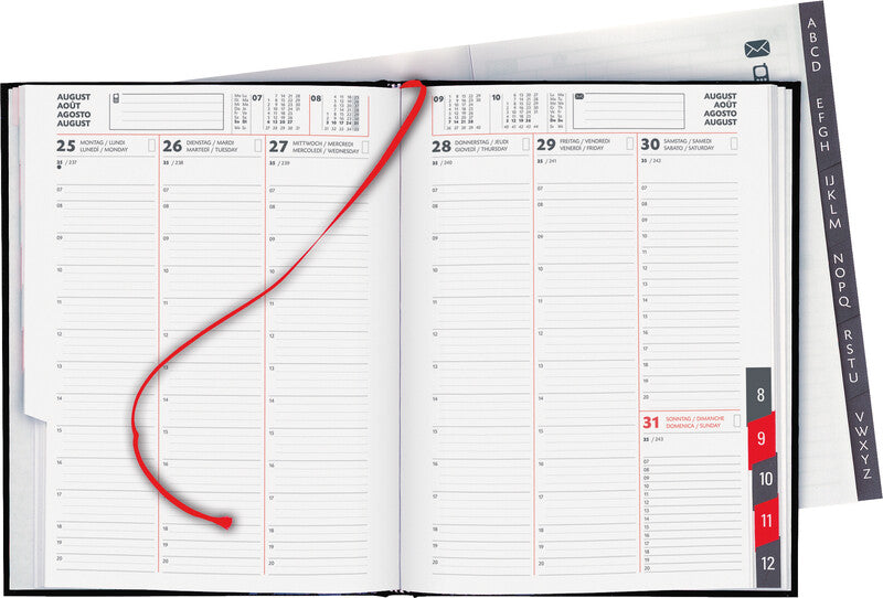 Biella Orario Agenda – 1 Woche/2 Seiten, gebunden, 17,5 × 23,5 cm, Jan–Dez, 2026, mehrsprachig, schwarz, FSC