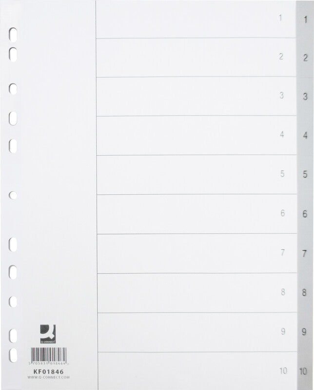 Q-connect Register – A4 überbreit, 10-teilig, PP, grau, vorgedruckt, für A4-Ordner