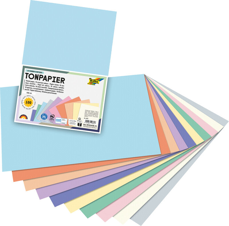 Folia Zeichenpapier A4, 130 g/m², 100 Blatt, mehrfarbig, glatt, geleimt, säurefrei, pastell