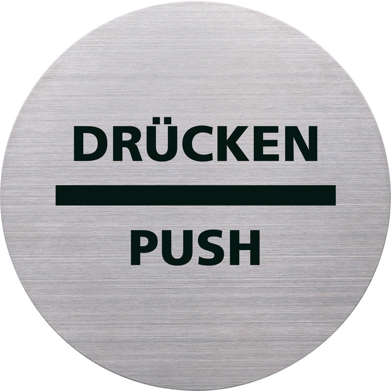 Helit Piktogramm Drücken/Push, mehrsprachig – Ø 115 mm, Edelstahl, silber, selbstklebend, 1 Stk.