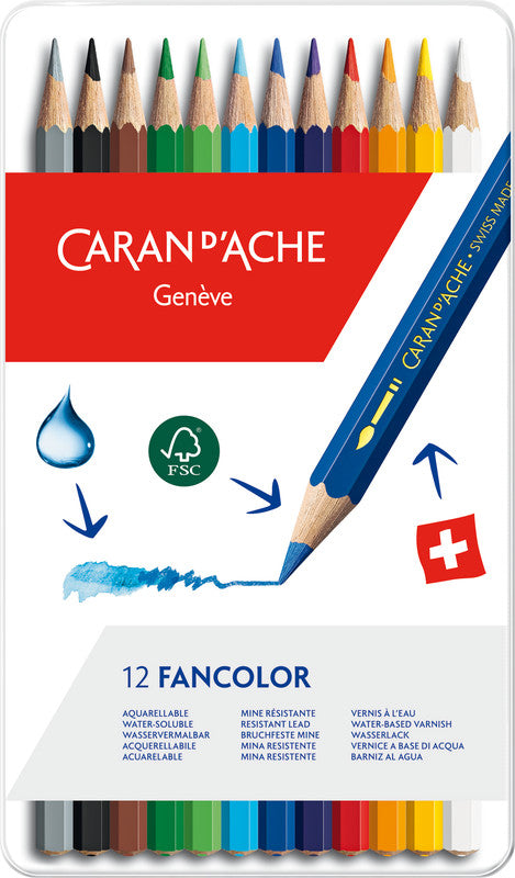 Caran d-Ache Caran d'Ache Aquarellfarbstifte – 12 Farben, im Metalletui, Ø 2,8 mm, FSC