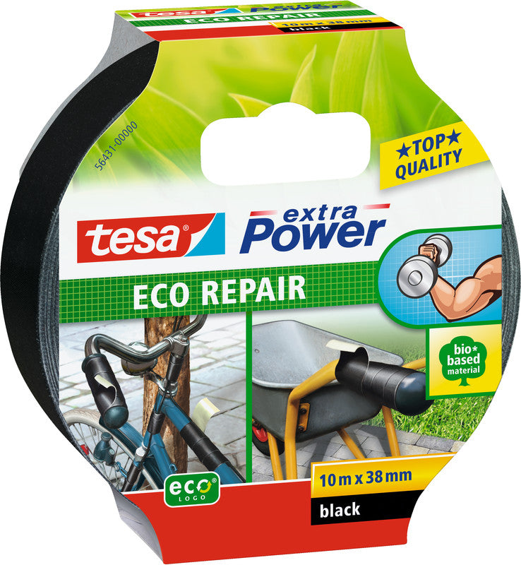 tesa Gewebeband extra Power Eco Repair – 38 mm × 20 m, schwarz, extra stark, eco:plus
