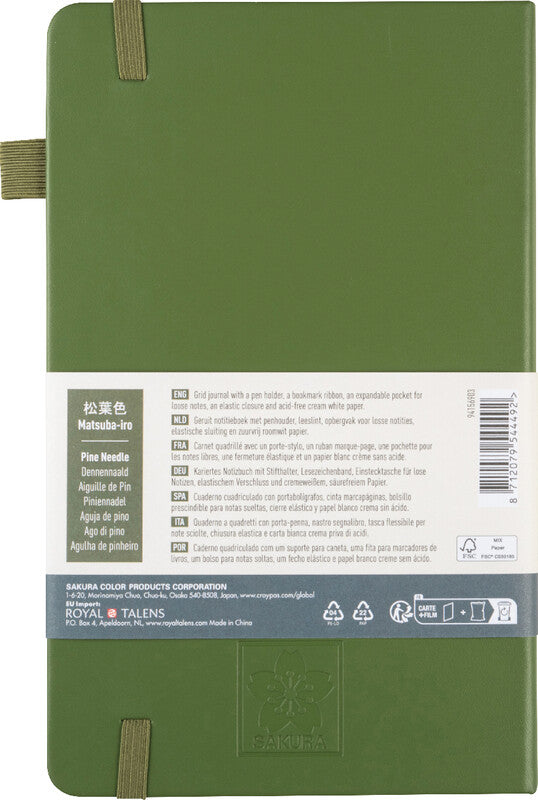 Sakura Notizbuch, 130 × 210 mm, kariert, Leimbindung, Karton, 160 Seiten, 140 g/m² – Kiefernadel