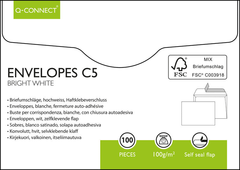 Q-connect Couvert C5 (229 × 162 mm), ohne Fenster, haftklebend, weiss, 100 g/m² – 100 Stk.