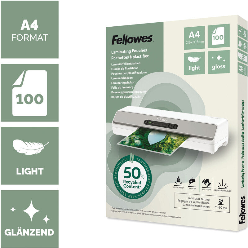 Fellowes Laminierfolien A4 – 80 µm, glänzend, 100 Stück