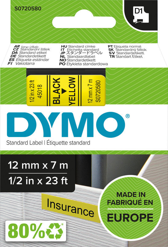 DYMO Schriftband – 12 mm × 7 m, gelb, schwarz – für LabelPoint: 200, 250, 300, u. a. – D1