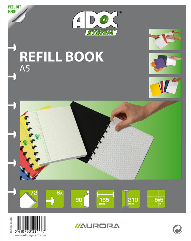 Adoc Notizbuch-Einlagen A5, kariert 4 mm, spezielle Perforierung, 90 g/m² – 72 Blatt