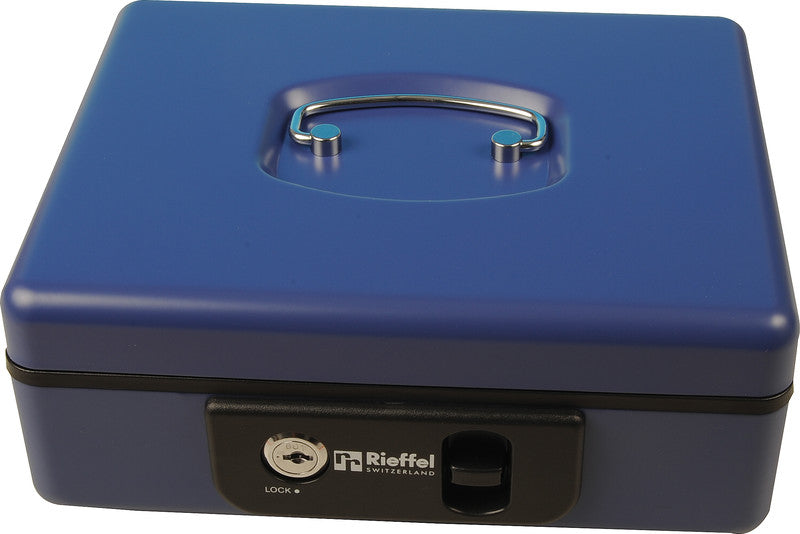 Rieffel Geldkassette – mit Schlüssel – 23 × 18,5 × 8,6 cm – Blau – Stahl